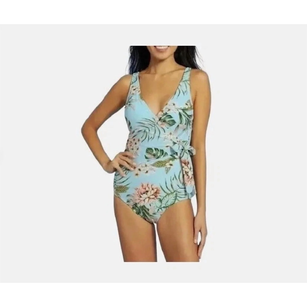 Kona Sol One Piece Swimsuit Tropical Print Tie Wrap Front High Coverage Sz L